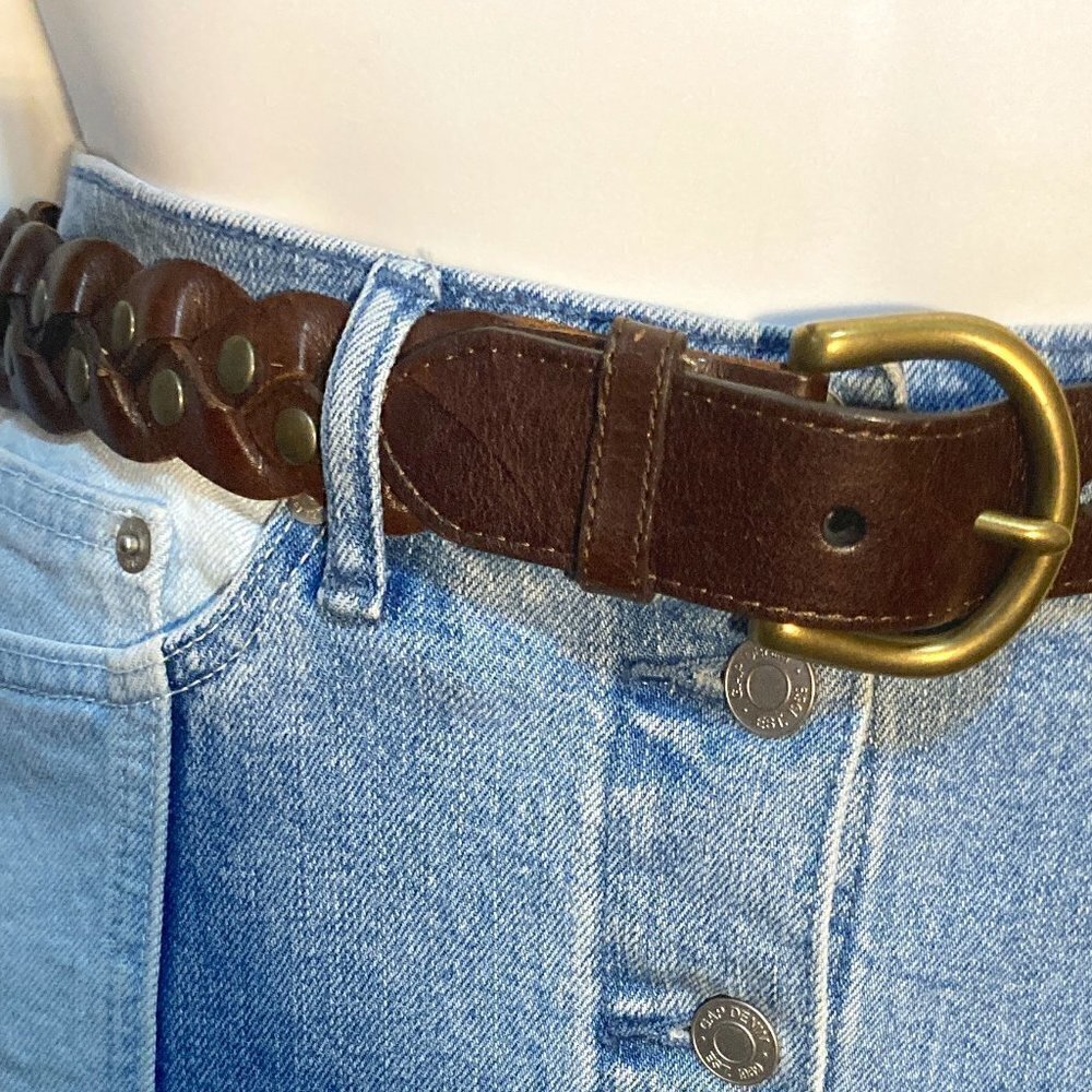 Brown Belt SZ S Braided leather with brass buckle & stud details